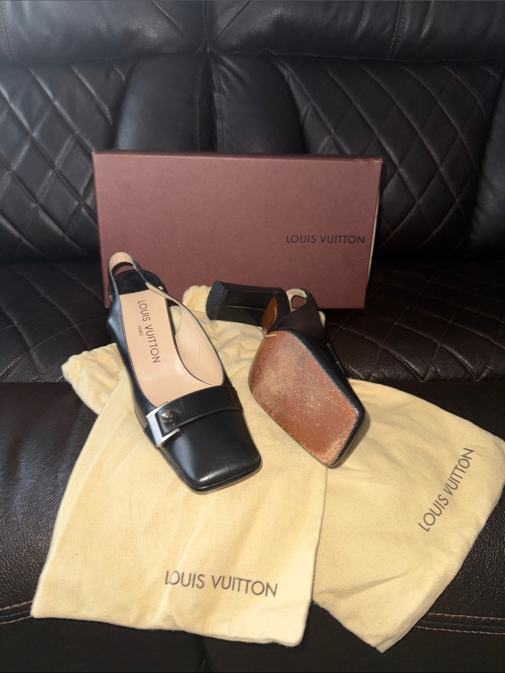 Louis Vuitton Black Leather Square-Toe Slingback Heels